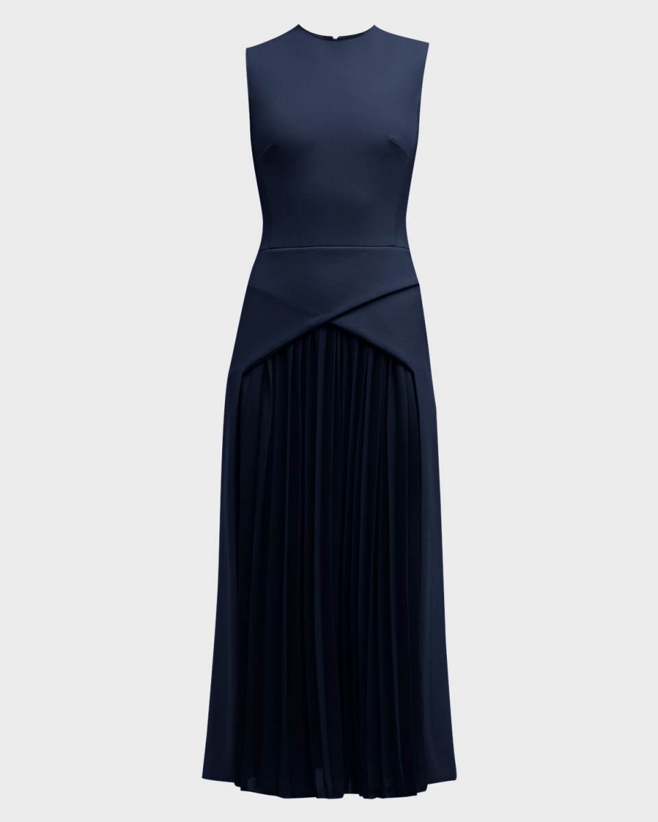 Wool-Blend Midi Dress with Pleated Detail